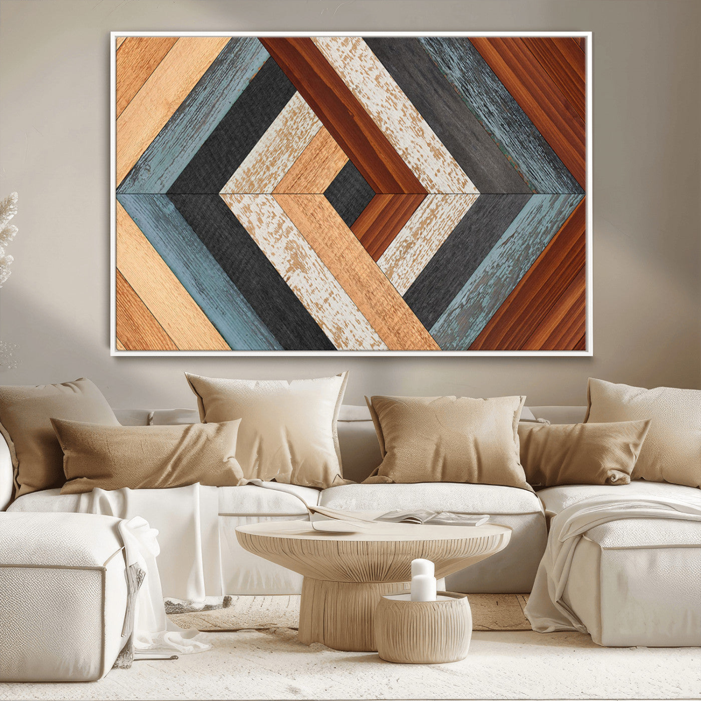 MGV-FC-36X24 - Geometric Wood Art Wall Decor Canvas Print, Rustic Wooden Pattern Triptych Wall Art for Living Room
