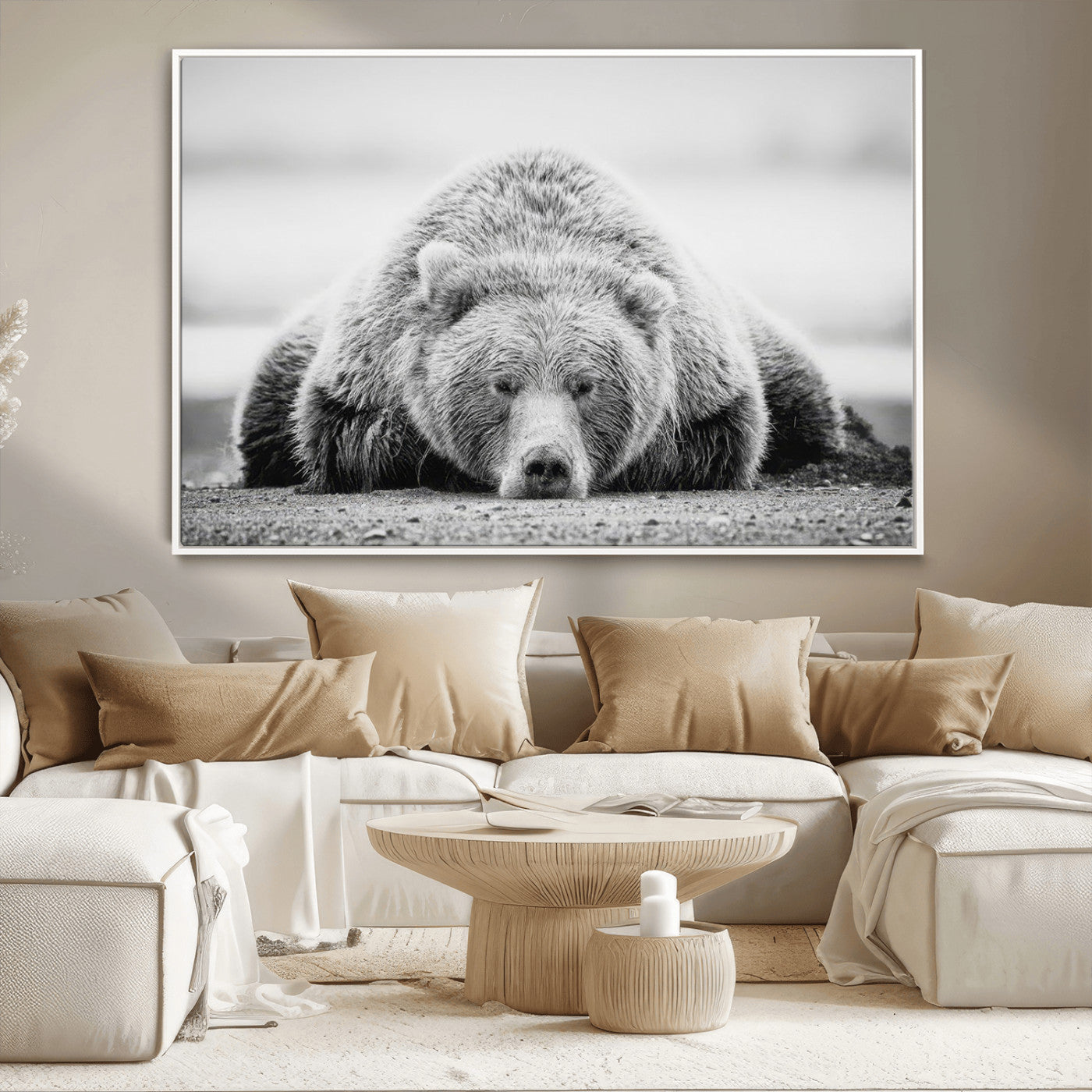 MGV-FC-36X24 - Resting Grizzly Bear Wall Art Canvas Print – Majestic Lazy Black and White Wildlife Bear Art,