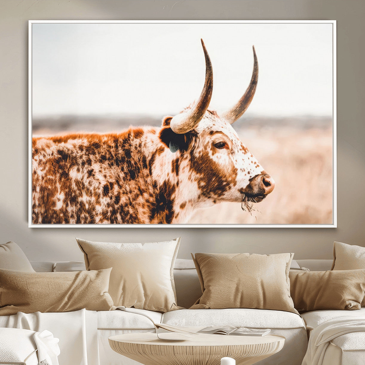 MGV-FC-36X24 - Speckled Bull Wall Art Canvas Print – Rustic Cow Longhorn Farmhouse Animal Decor – Western Longhorn