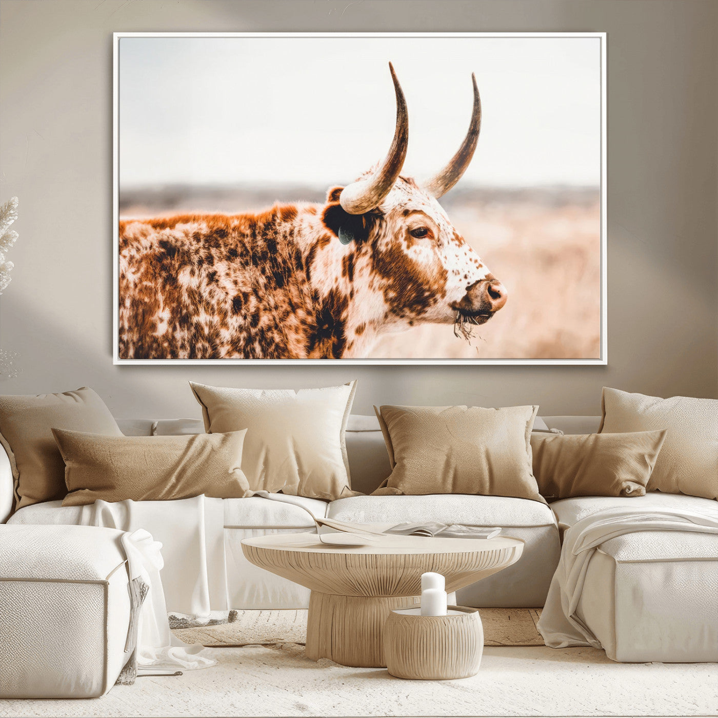 -Speckled Bull Wall Art Canvas Print – Rustic Cow Longhorn Farmhouse Animal Decor – Western Longhorn