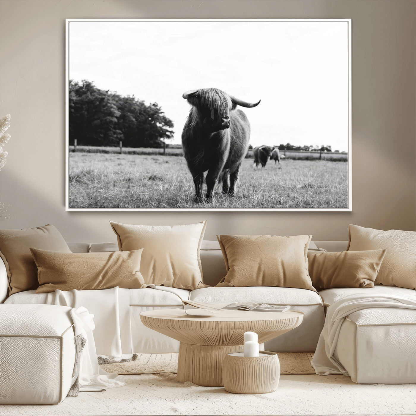 MGV-FC-36X24 - Black and White Highland Cow Wall Art Canvas Print | Rustic Western Decor for Living Room or Office,