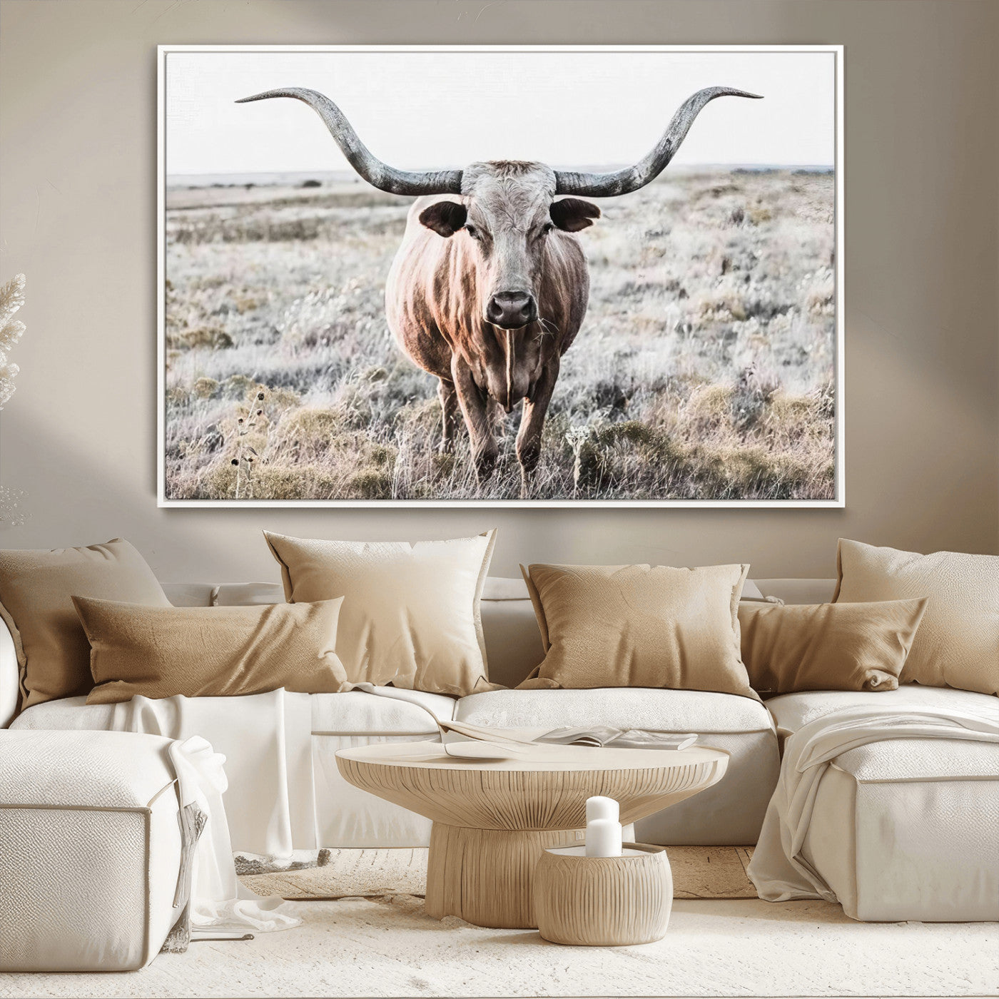 -Rustic Texas Longhorn Wall Art Canvas Print | Western Farmhouse Decor for Living Room or Office,