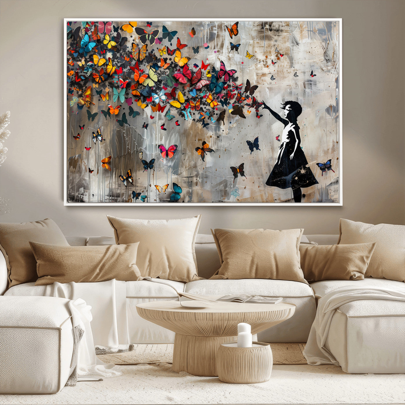 MGV-FC-36X24 - Banksy Wall Art - Banksy Girl and Butterfly Explosion Wall Art Canvas Print | Girl with Butterflies