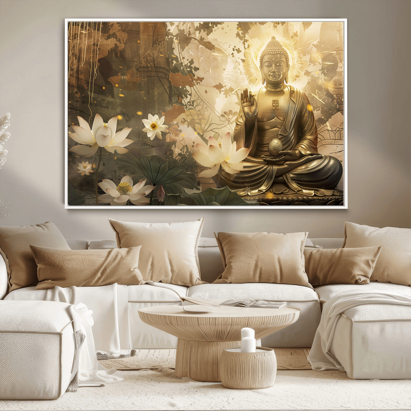 MGV-FC-36X24 - Zen Buddha Wall Art Canvas Print | Peaceful Meditation Decor with Lotus Flowers | Spiritual Serenity