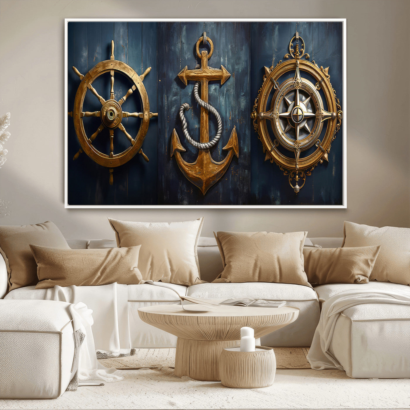 MGV-FC-36X24 - Boat Anchor Compass With Rope Wall Art Canvas Print | Beach House Wall Art