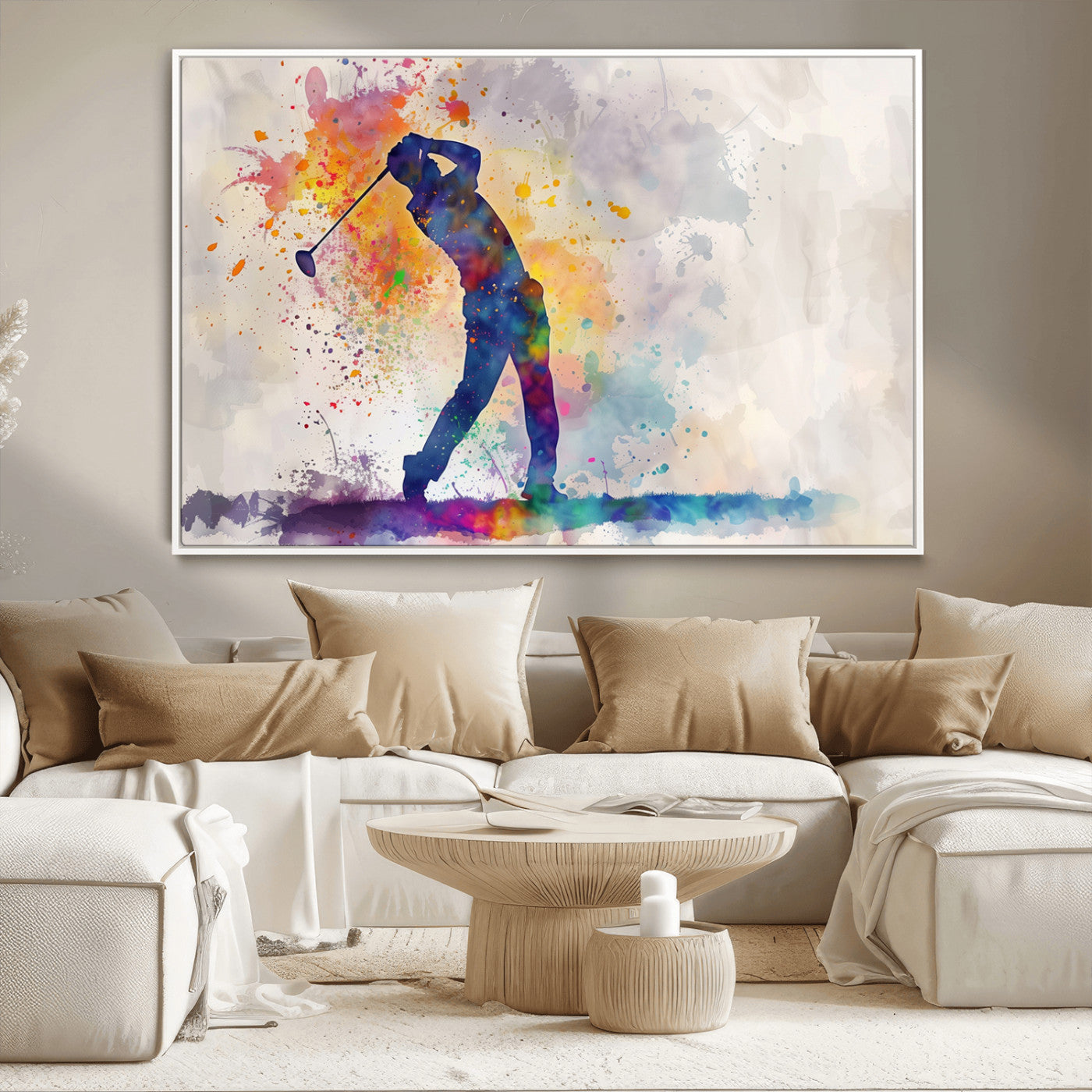 MGV-FC-36X24 - Watercolor Golf Swing Wall Art Canvas Print | Vibrant Abstract Golf Player Silhouette |