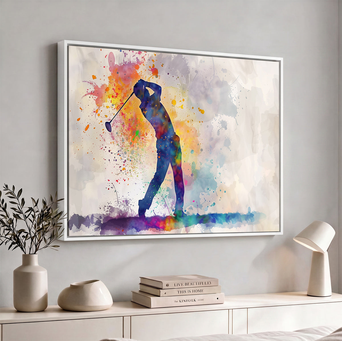 89625-MGV-CV-36X24 - Vibrant Watercolor Golf Swing Wall Art Canvas Print | Extra Large 3 Piece Canvas Wall Art