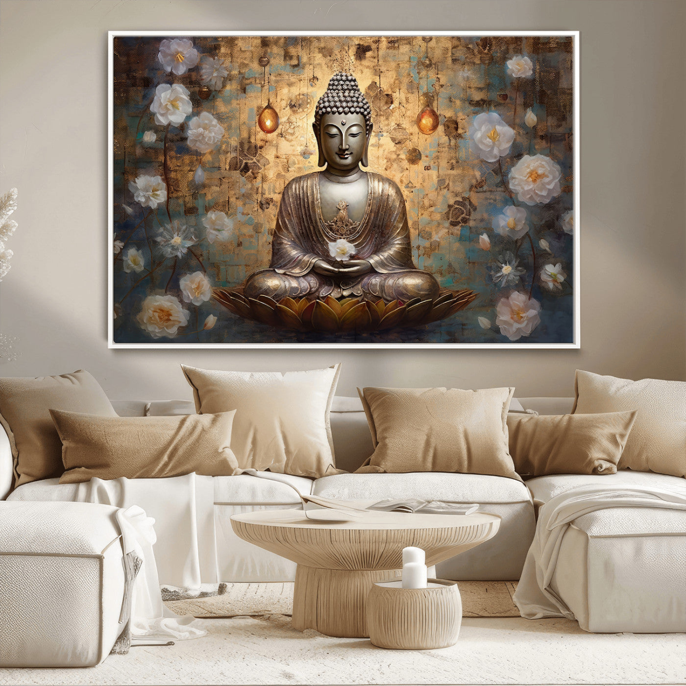 MGV-FC-36X24 - Golden Buddha Wall Art Canvas Print | Zen Meditation Floral Decor | Tranquil Spiritual Home Art |