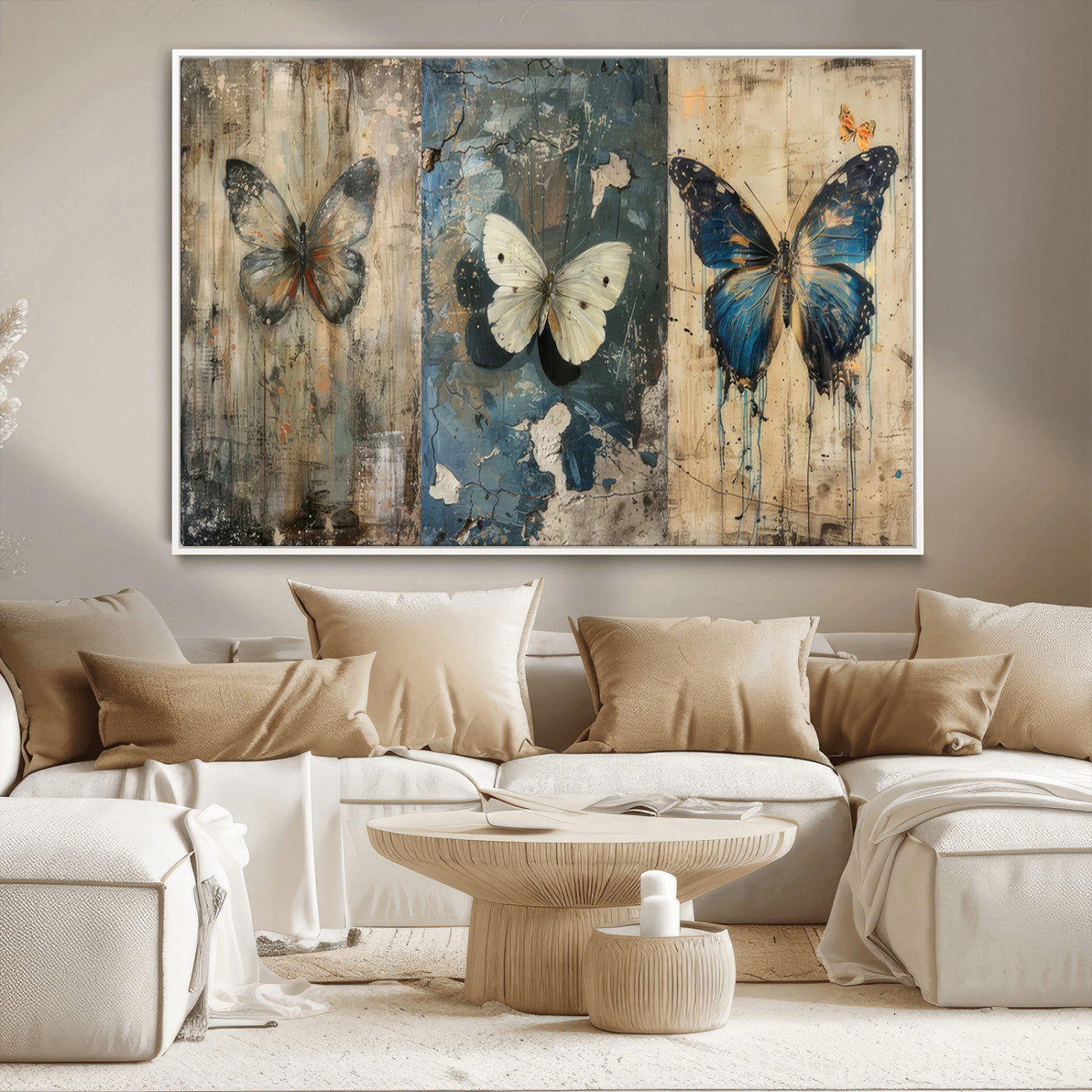 MGV-FC-36X24 - Butterfly Wall Art Trio | Vintage Butterfly Canvas Print | Ready to Hang Framed Artwork for