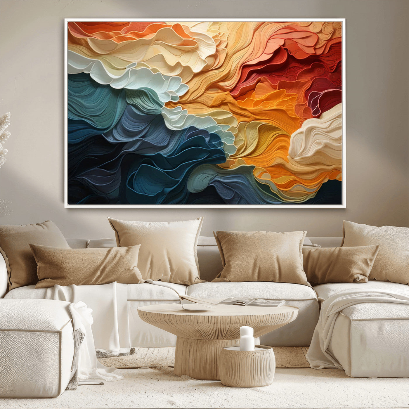 MGV-FC-36X24 - Blue Orange Abstract Wave Wall Art Canvas Print, Framed Blue Orange Wave Wall Art
