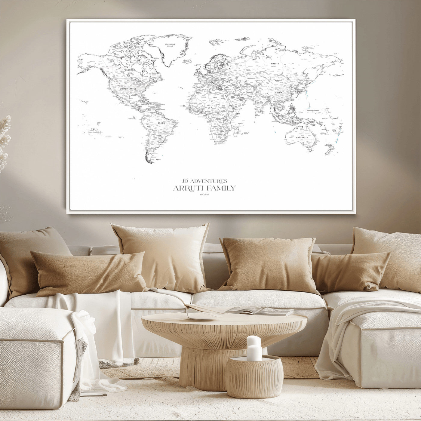 MGV-FC-36X24 - Custom World Map Wall Art – Personalized Framed Canvas Print with Push Pins for Travel Tracking,