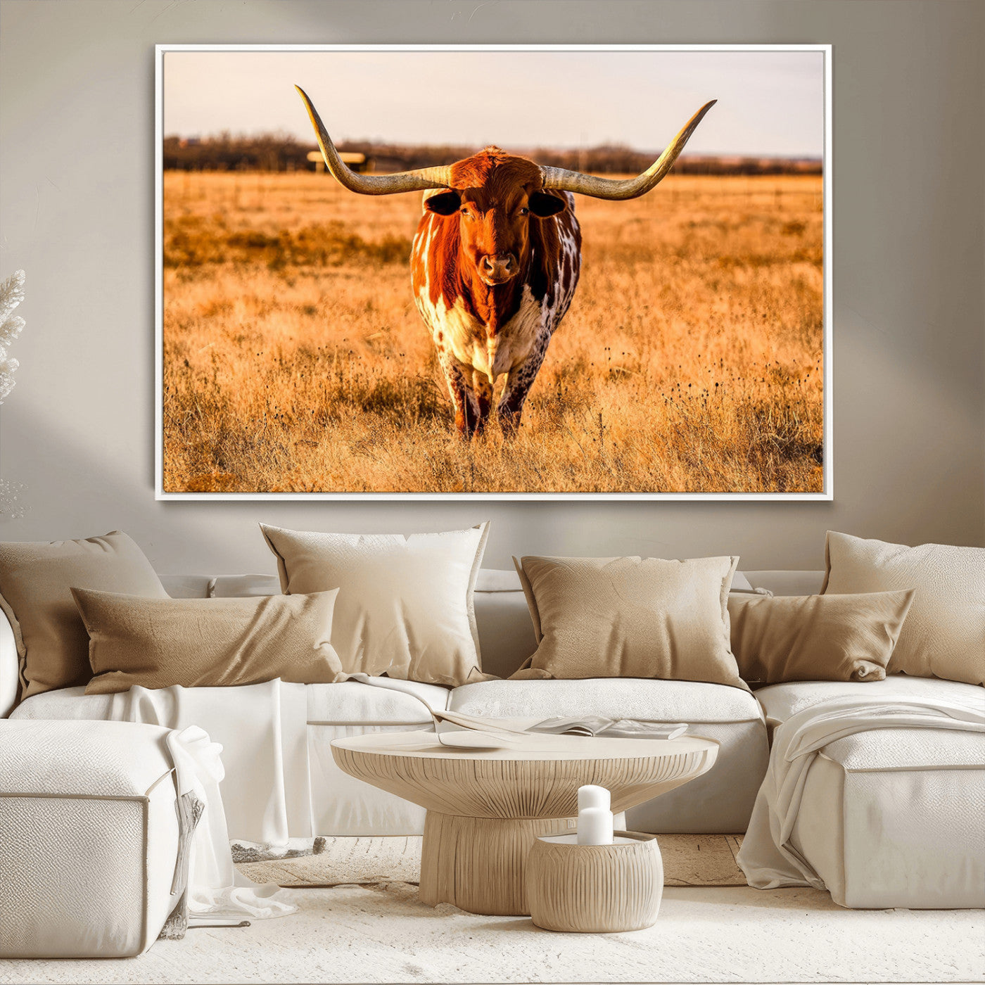MGV-FC-36X24 - Longhorn Cow Wall Art | Ready to Hang Framed Canvas Print for Farmhouse and Barn Decor