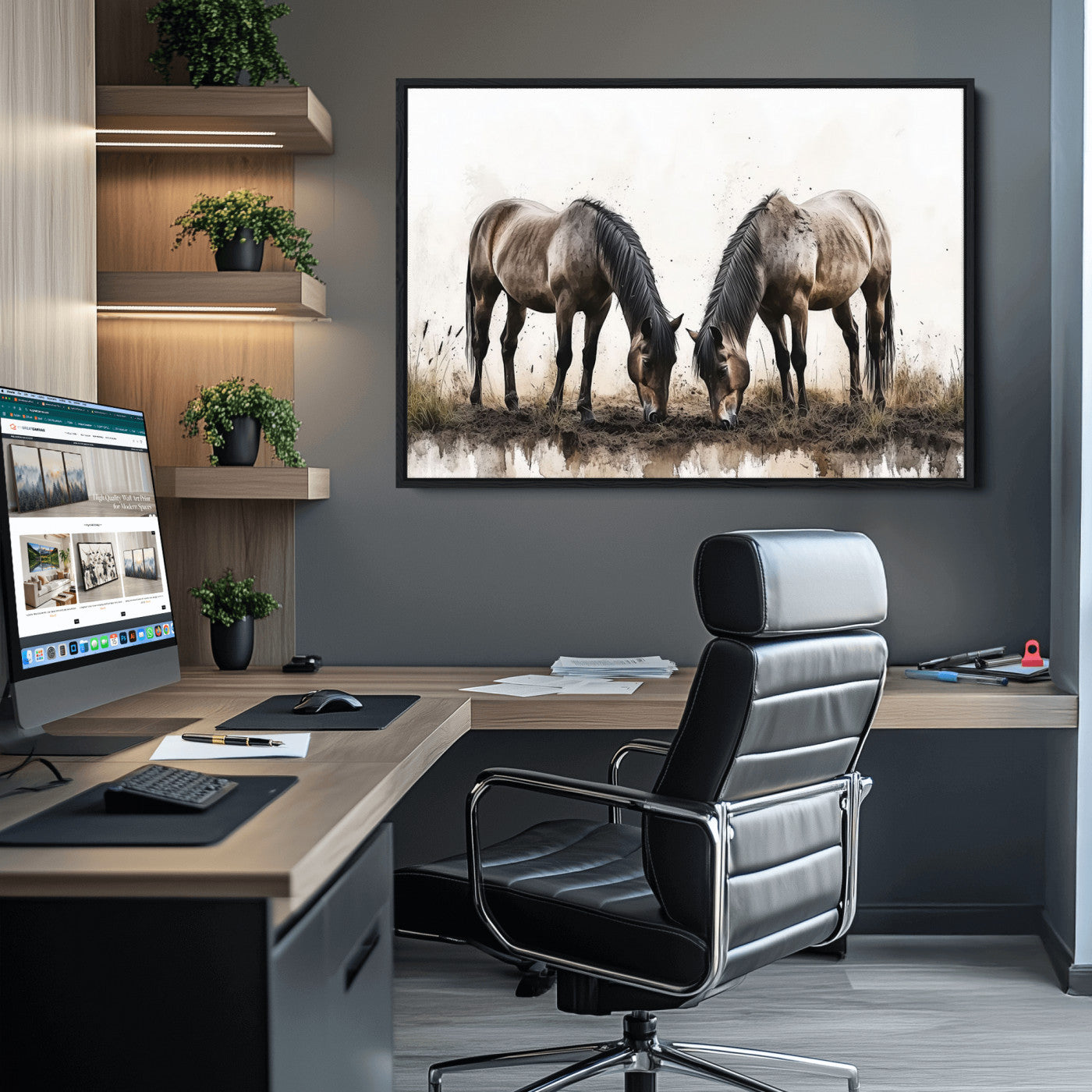 71729-MGV-CV-36X24-Chines Ink Style Horses Wall Art Canvas Print