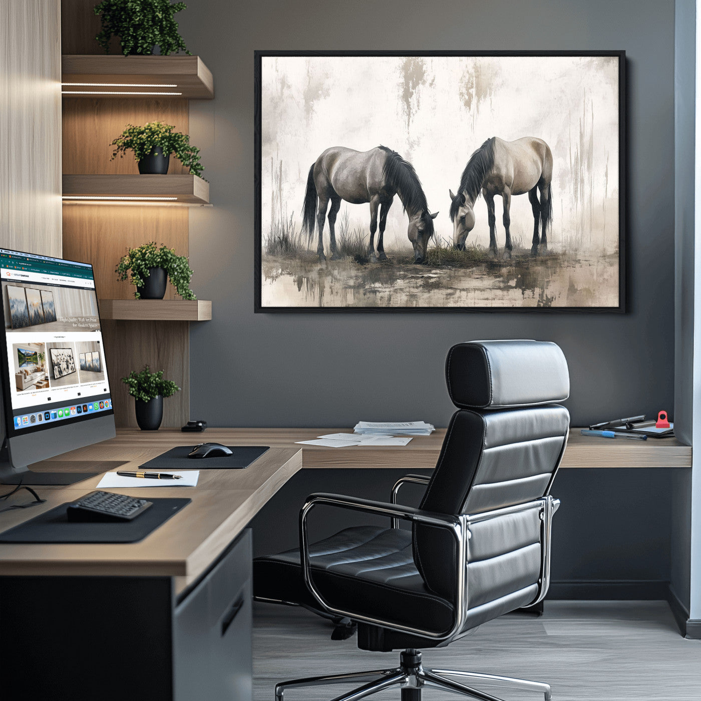 35494-MGV-CV-36X24-Chines Ink Style Vintage Horses Wall Art Canvas Print for Farmhouse Wall Decor