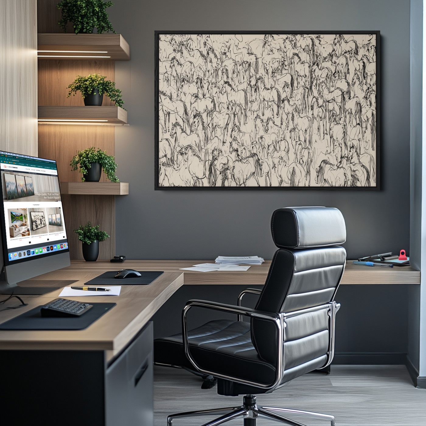 MGV-FC-36X24 - Abstract Horse Sketch Wall Art | Ready to Hang and Framed | Farmhouse Wall Decor for Living Room or