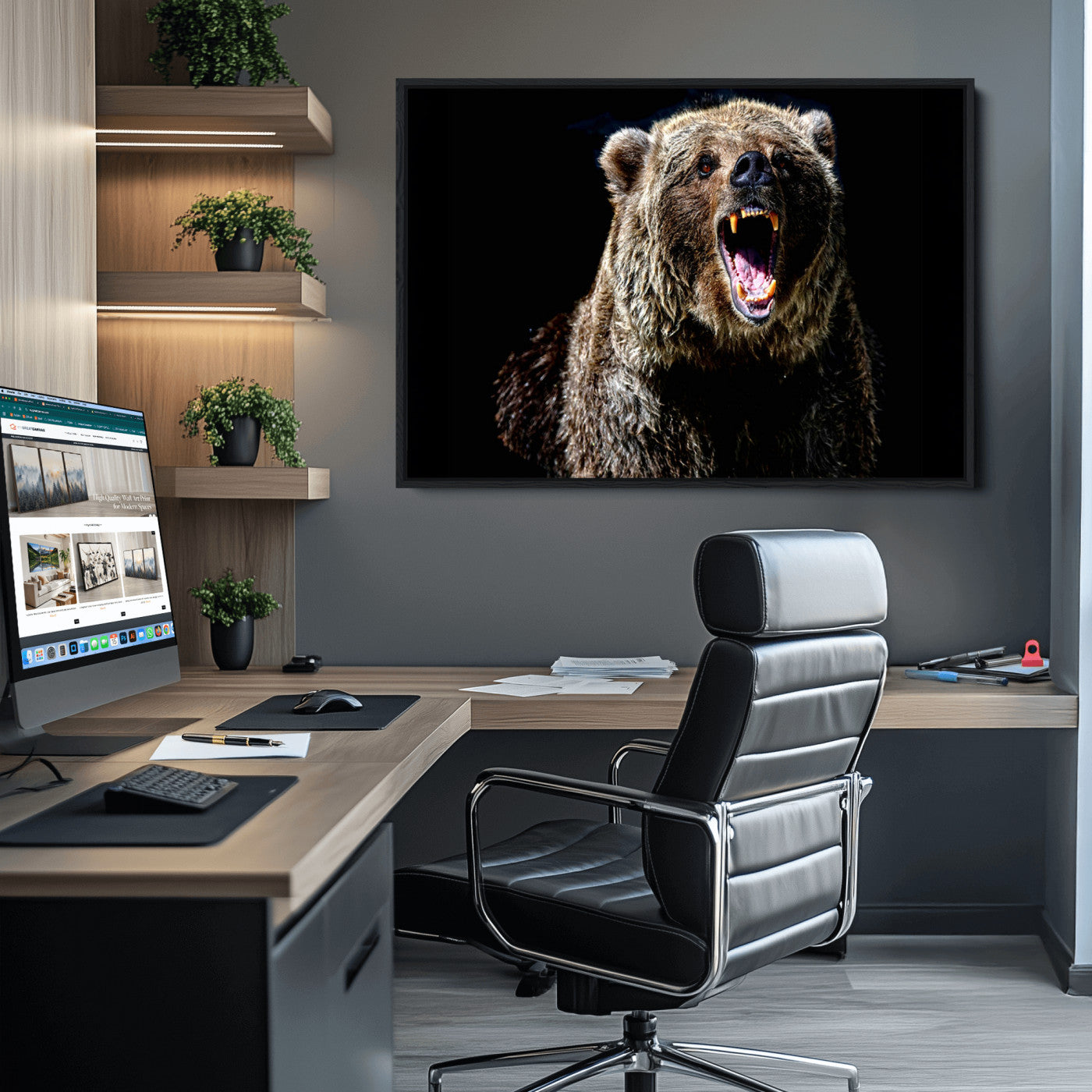 17625-MGV-CV-36X24-Grizzly Bear Canvas Print | Wildlife Wall Art for Cabin Decor | Ready to Hang Framed