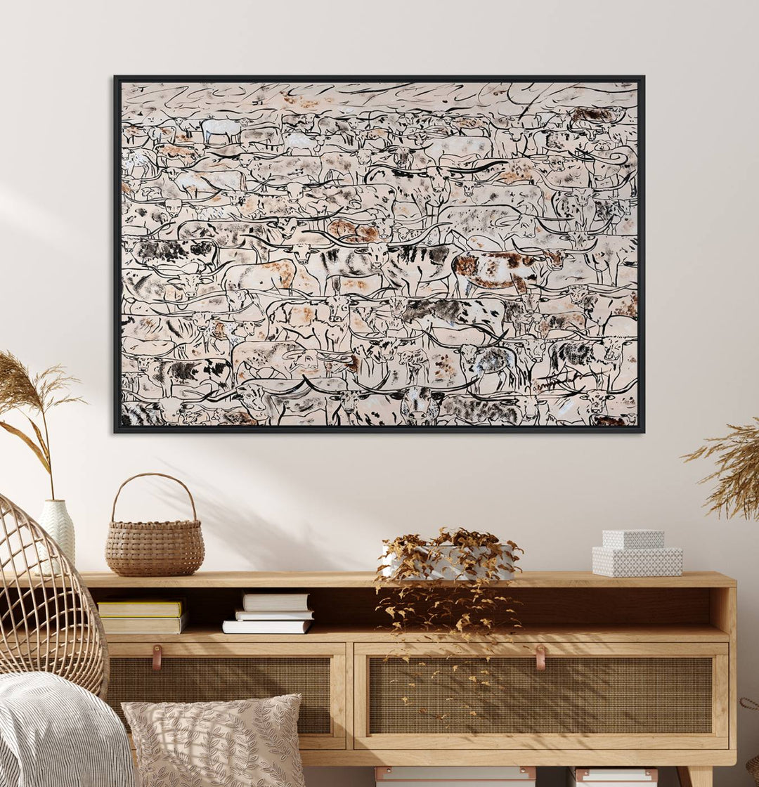 The dining room features a rustic decor highlighted by the Cattle Herd Wall Art.