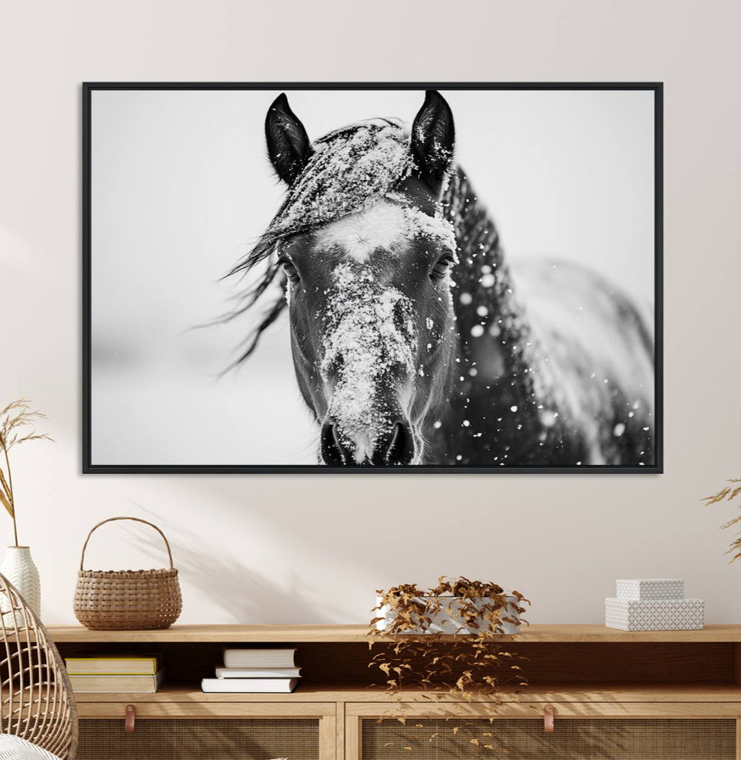 This black and white winter horse wall art enhances any decor; it is ready to hang and framed for a farmhouse or Western style.