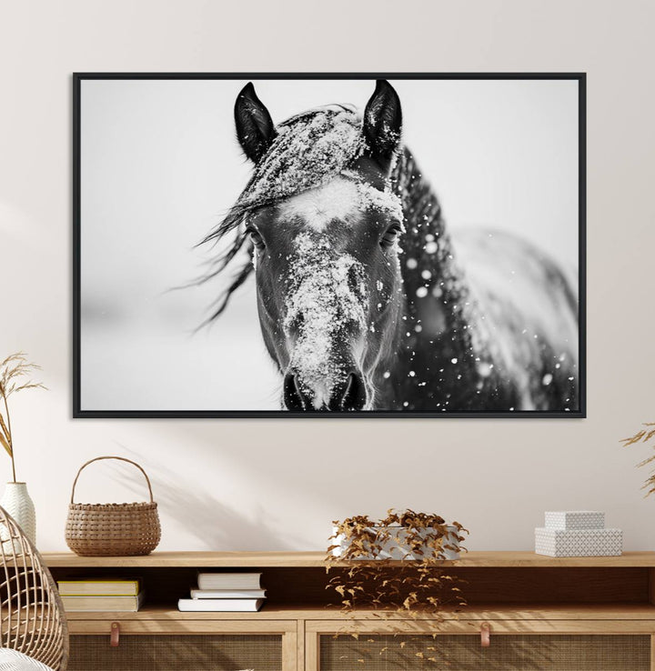 This black and white winter horse wall art enhances any decor; it is ready to hang and framed for a farmhouse or Western style.