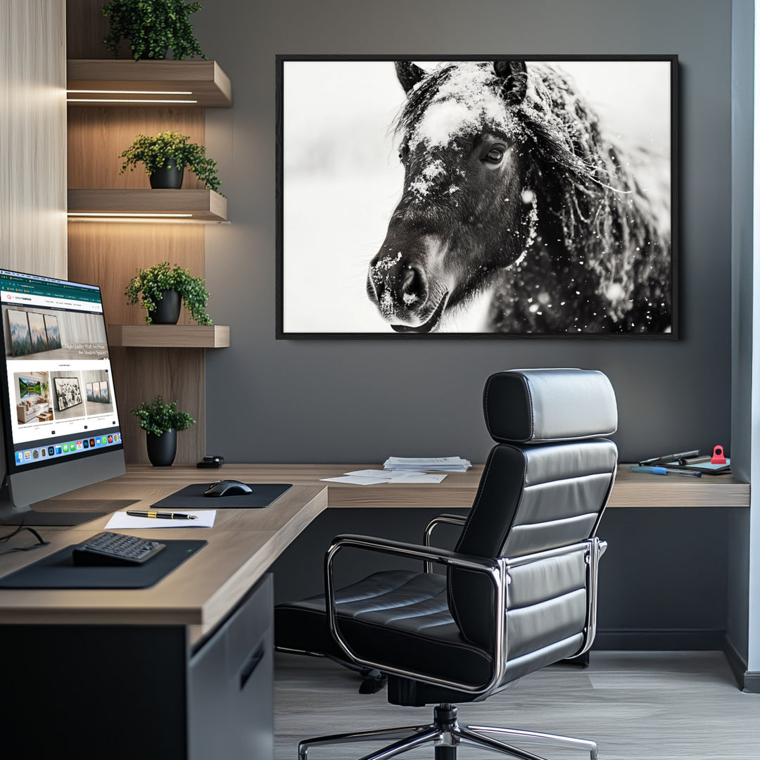 The wall art is a Black and White Horse piece, framed and ready to hang.