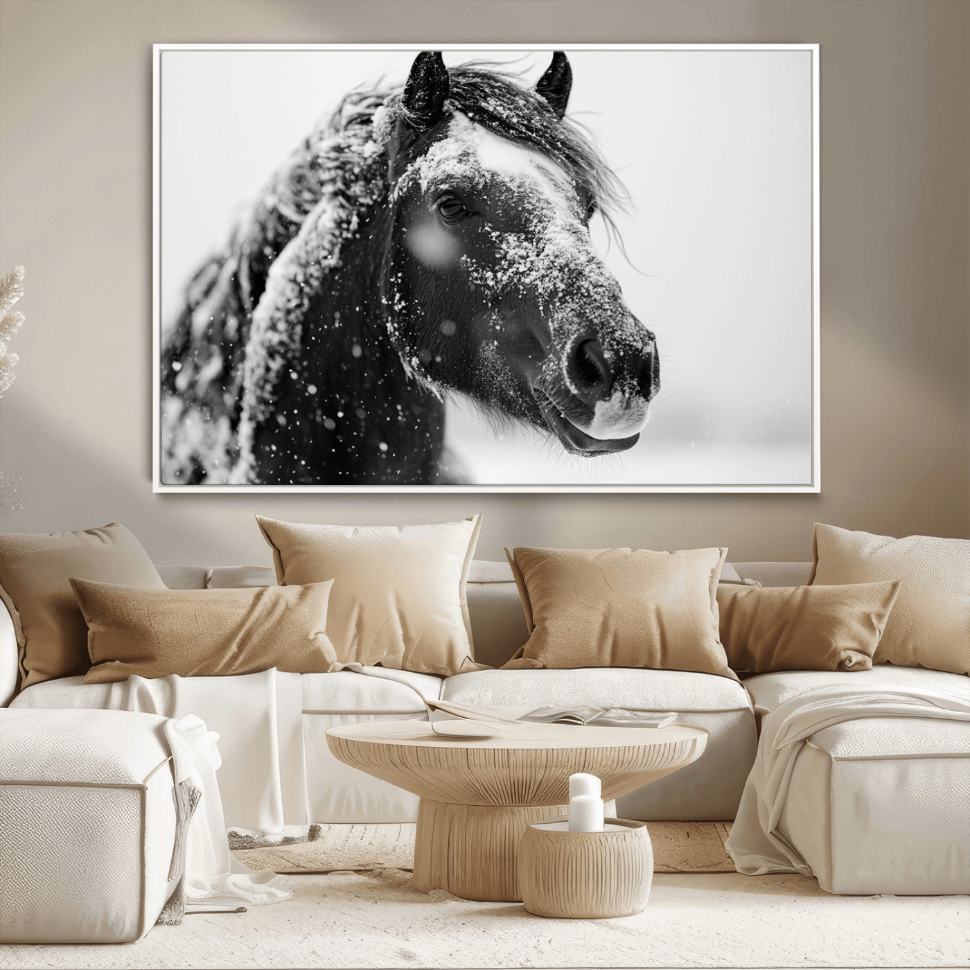 MGV-FC-36X24 - Winter Horse Canvas Print | Large 3-Panel Black White Equine Photography for Rustic Farmhouse Wall