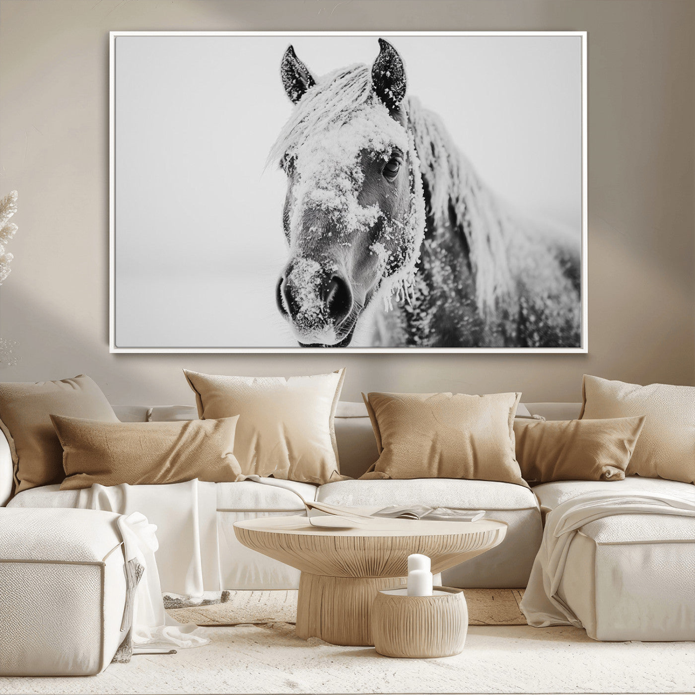 MGV-FC-36X24 - White Horse Wall Art | Ready to Hang and Framed | Winter Horse Wall Art Print for Farmhouse and