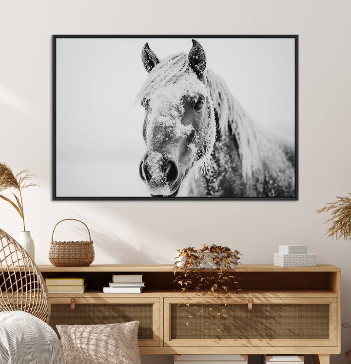 White Horse Wall Art: A black and white photo of a snow-covered horse, framed and ready to hang for farmhouse decor.