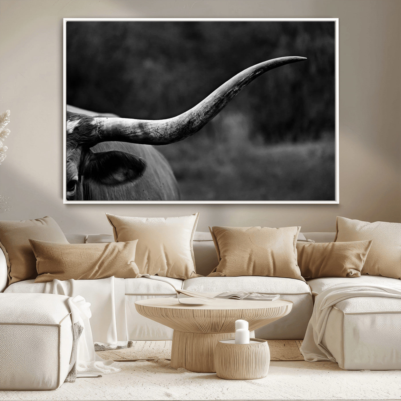 MGV-FC-36X24 - Cow Longhorn Wall Art | Black and White Print | Ready to Hang and Framed | Farmhouse Wall Decor |