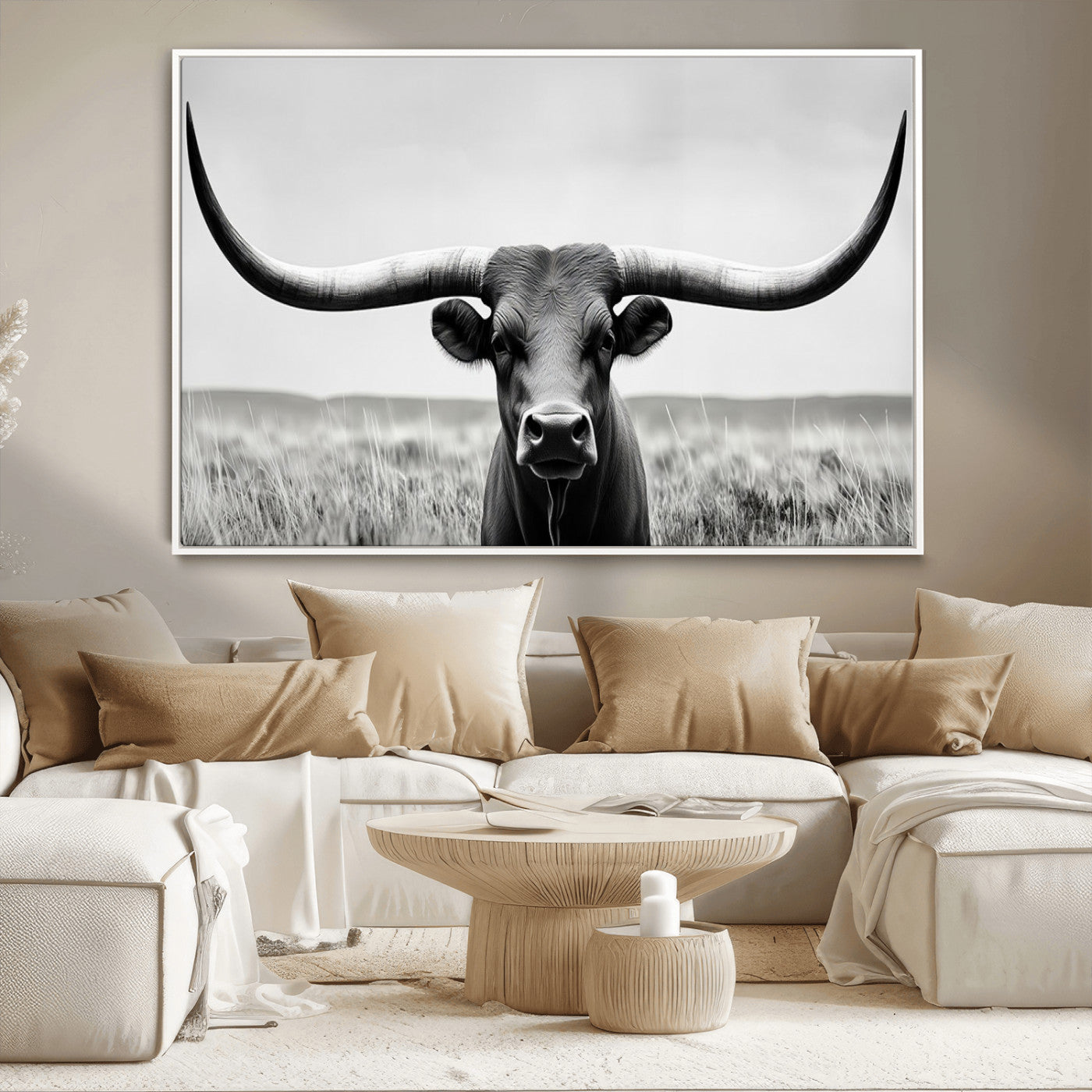 -Longhorn Bull Canvas Print | Rustic Farmhouse Wall Art | Western Decor | Ready to Hang and Framed