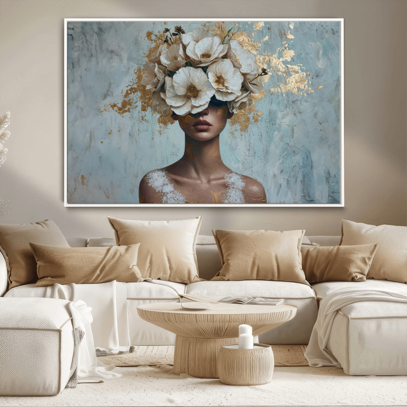 MGV-FC-36X24 - Golden Petal Wall Art - Petal Silhouette Woman Wall Art Canvas Print | Large 3-Panel Canvas with