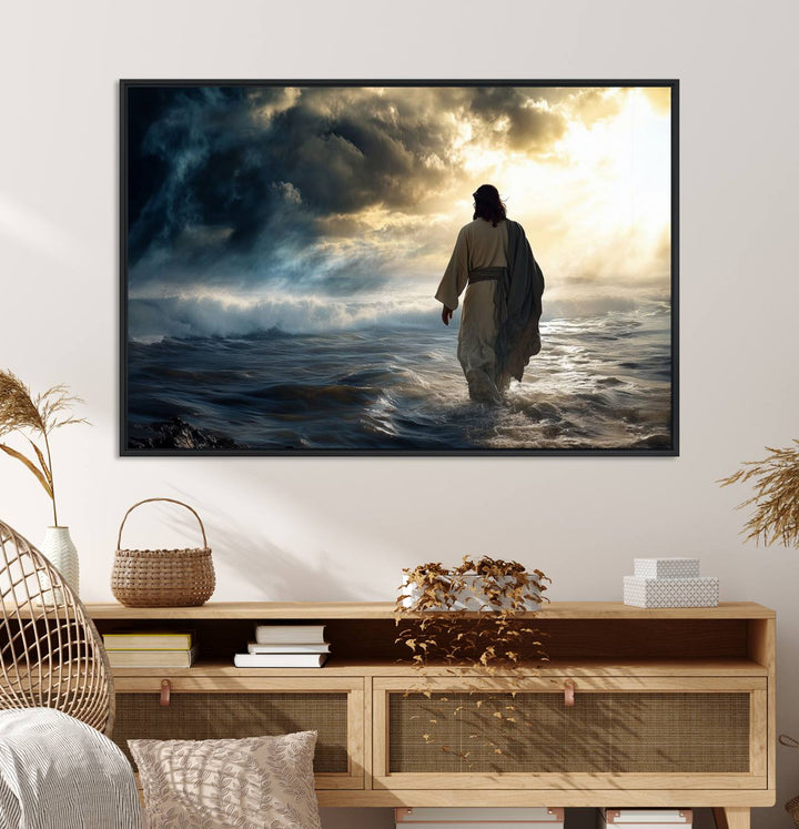 A dramatic sky serves as the backdrop for the Jesus Walking on Water wall art, a perfect piece for Christian home decor.