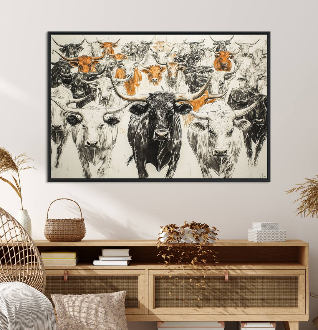 Texas Longhorn Wall Art canvas features cattle artwork with an abstract design, perfect for farmhouse decor on a porch.