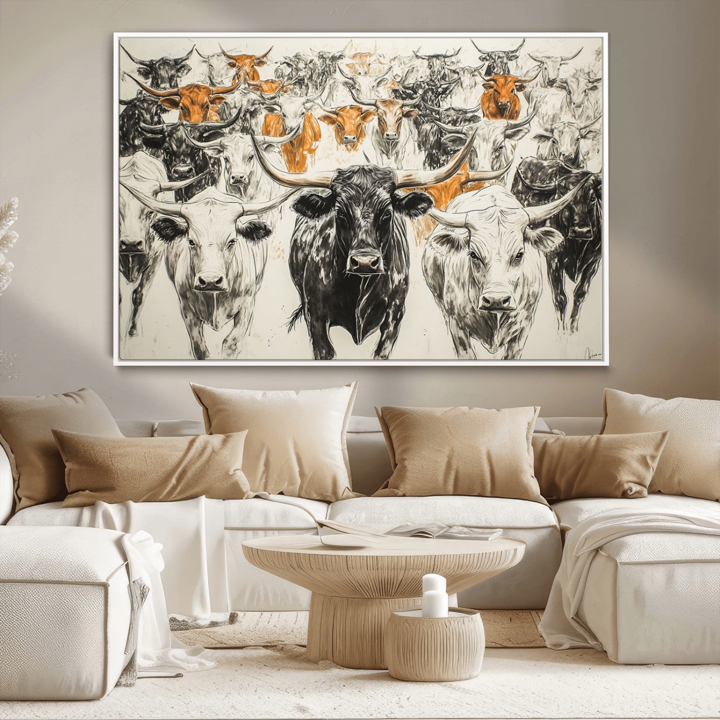 MGV-FC-36X24 - Texas Longhorn Wall Art - Herd Canvas Wall Art Print - Abstract Cow Drawing Wall Art Print for