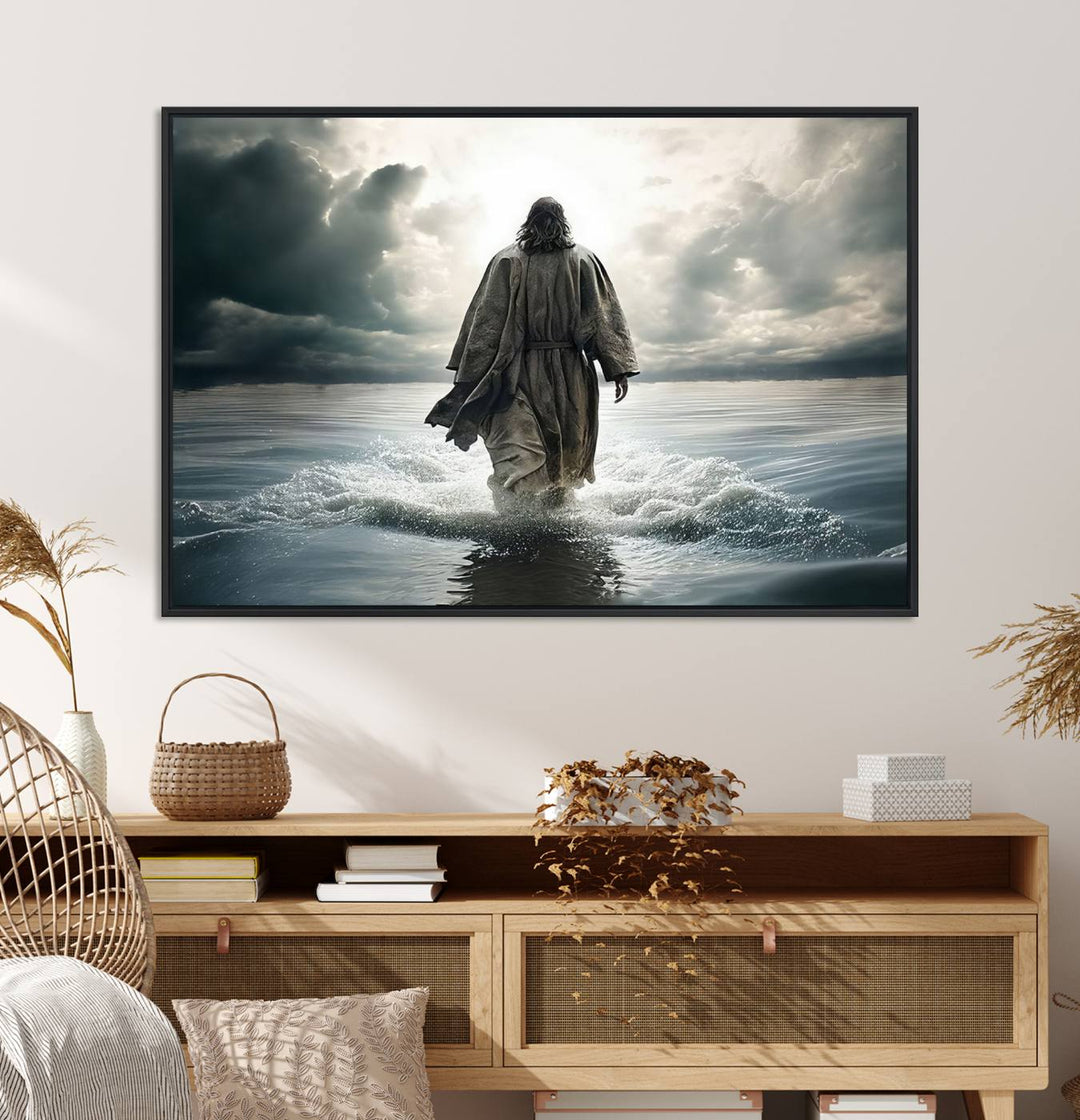 A canvas wall art depicting a figure walking on water beneath dramatic clouds, designed as inspirational religious imagery and ready to hang.