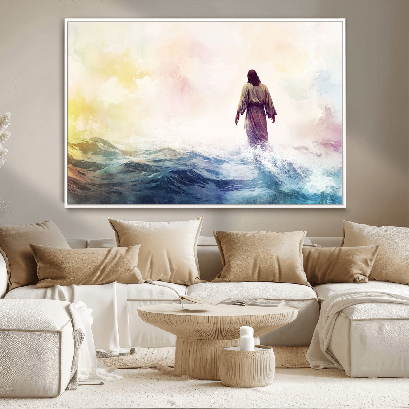 MGV-FC-36X24 - Watercolor Jesus Walking on Water Canvas Print, Christian Wall Art, Jesus Christ Walking