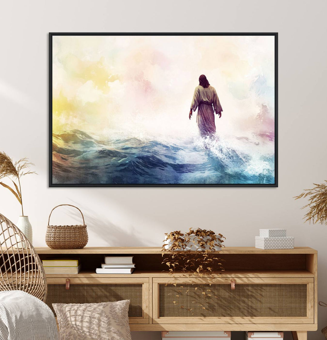 A robed figure strides on water in gentle waves, evoking the Watercolor Jesus Walking on Water canvas art.