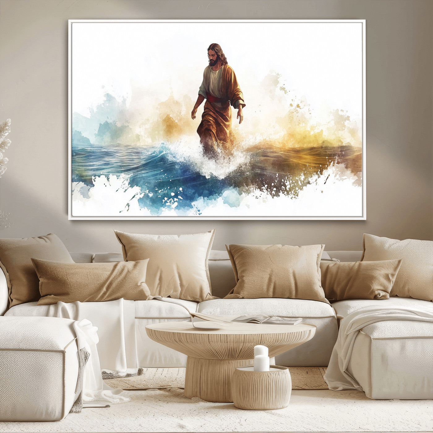 MGV-FC-36X24 - Watercolor Jesus Walking Wall Art Print, Jesus Water Canvas Print, Christian Wall Art, Jesus Christ