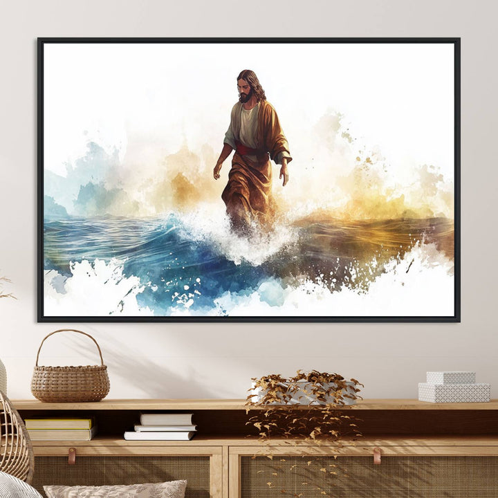 This watercolor canvas print depicts Jesus walking, characterized by abstract splashes against a serene background. It serves as a beautiful piece of Christian wall art.