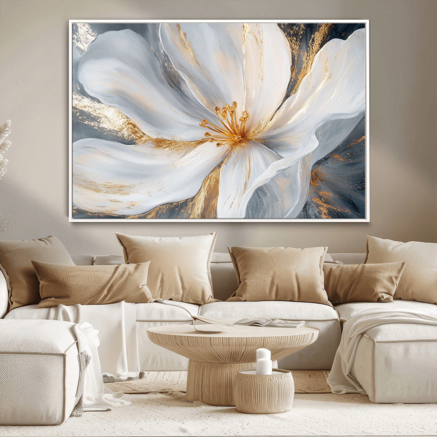 MGV-FC-36X24 - White and Gold Floral Canvas Wall Art - Framed and Ready to Hang - Perfect for Modern Living Rooms