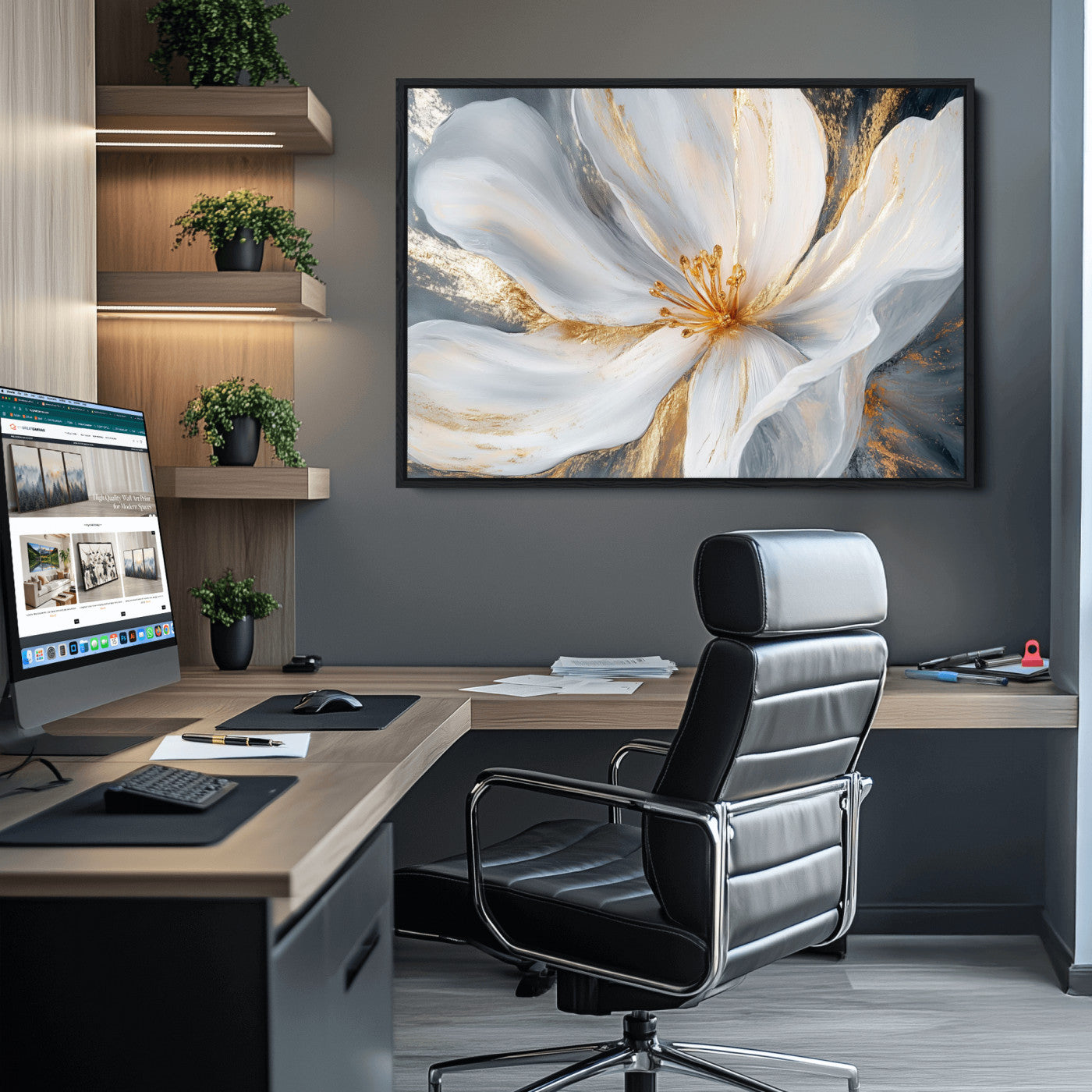 83149-MGV-CV-36X24-White and Gold Floral Canvas Wall Art - Framed and Ready to Hang - Perfect for Modern Living Rooms