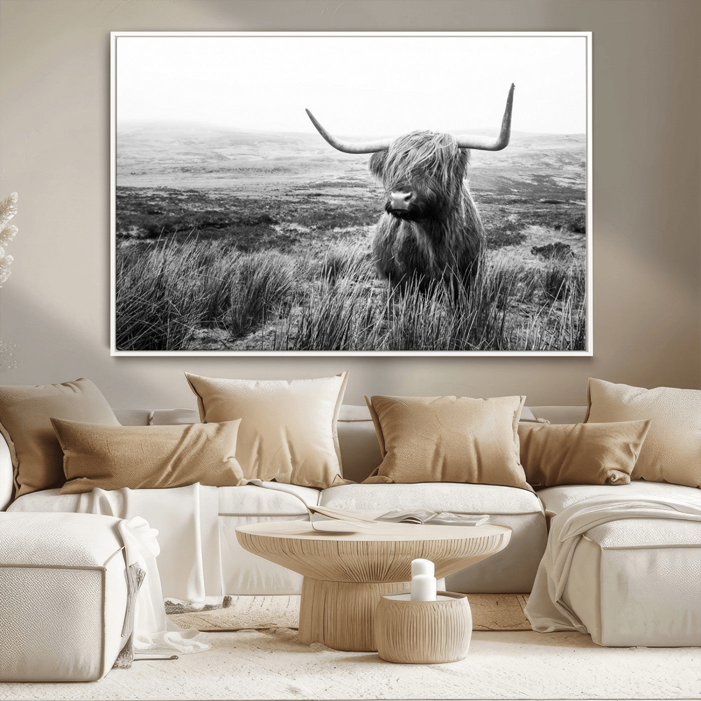 MGV-FC-36X24 - Scottish Highland Cow Wall Art | Black and White Canvas Print | Ready to Hang and Framed | Rustic
