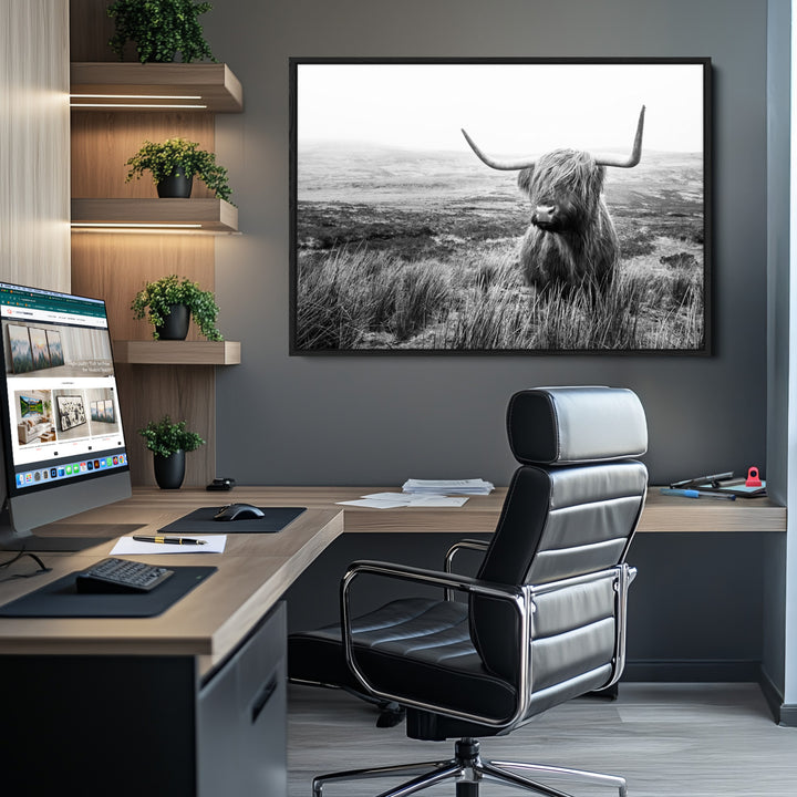Scottish Highland Cow Wall Art | Black and White Canvas Print | Ready to Hang and Framed | Rustic Farmhouse Wall Decor for Living Room or