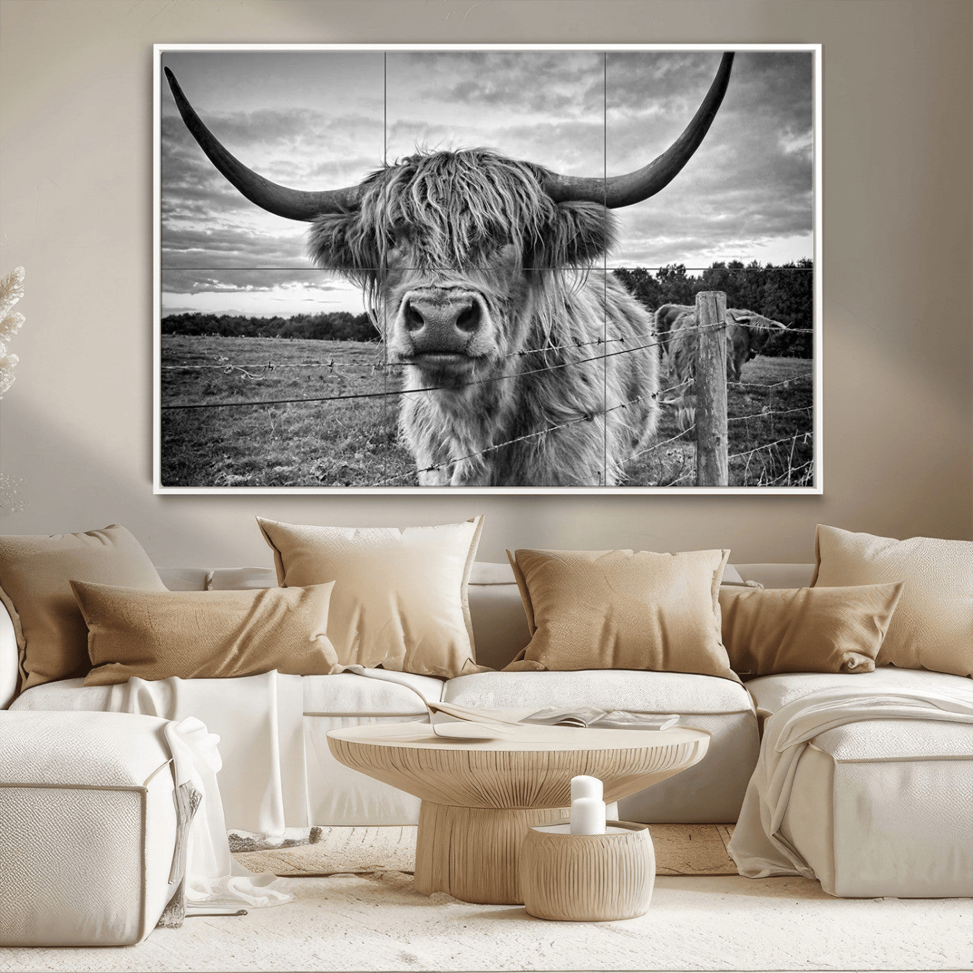 MGV-FC-36X24 - Scottish Highland Cow Wall Art Canvas Print | Ready to Hang and Framed | Rustic Farmhouse Decor