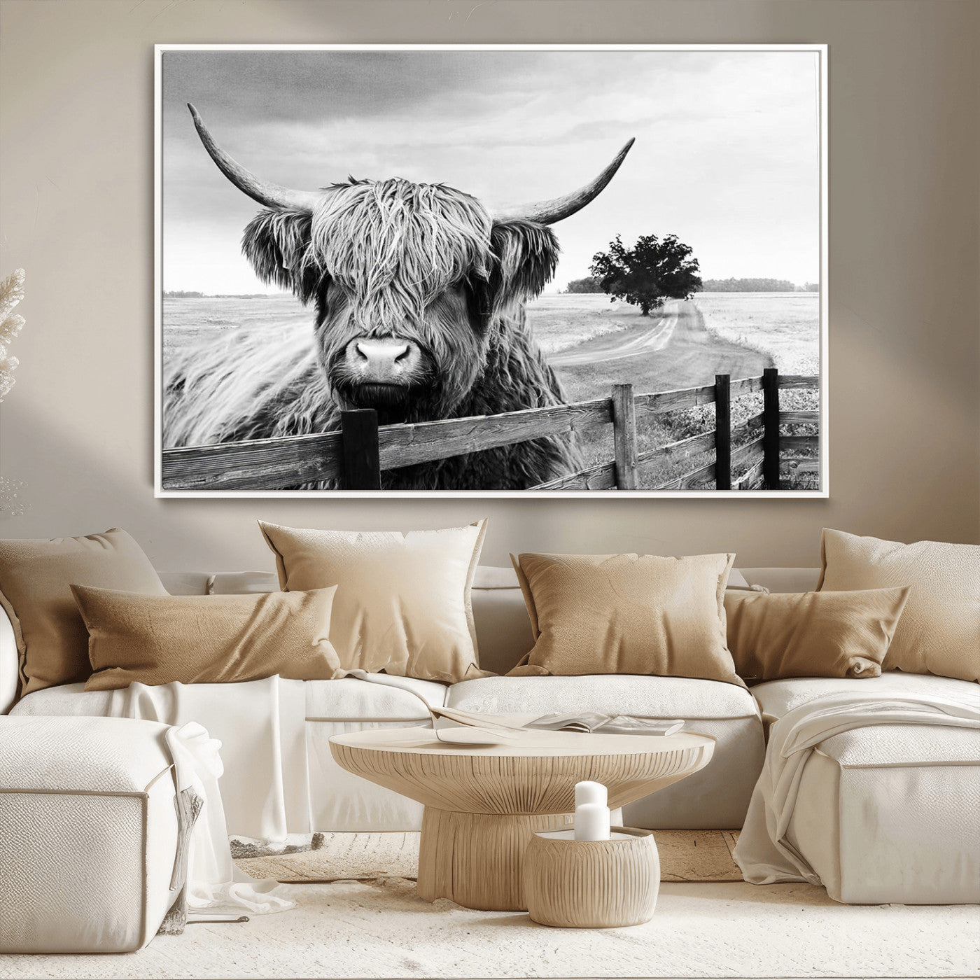 MGV-FC-36X24 - Scottish Highland Cow Wall Art | Rustic Farmhouse Décor | Black and White Ready to Hang Canvas Print