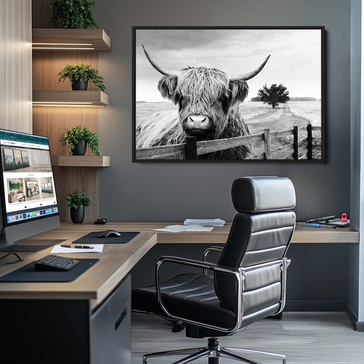 Scottish Highland Cow Wall Art | Rustic Farmhouse Décor | Black and White Ready to Hang Canvas Print