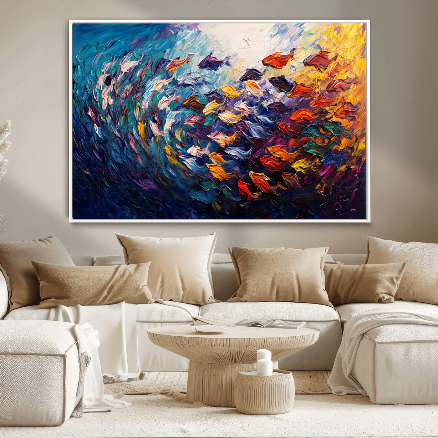 MGV-FC-36X24 - Vibrant Abstract Fish Swarm Art – Colorful Fish Inspired 3-Piece Canvas Wall Art for Living Room or