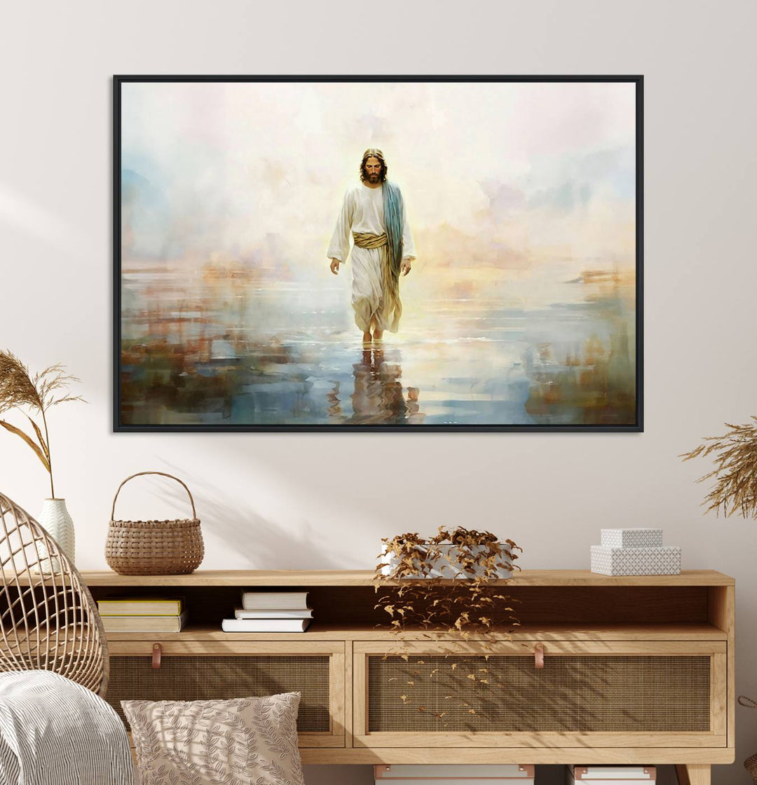 The 3-panel Framed Jesus Walking on Water Wall Art showcases a serene religious scene.