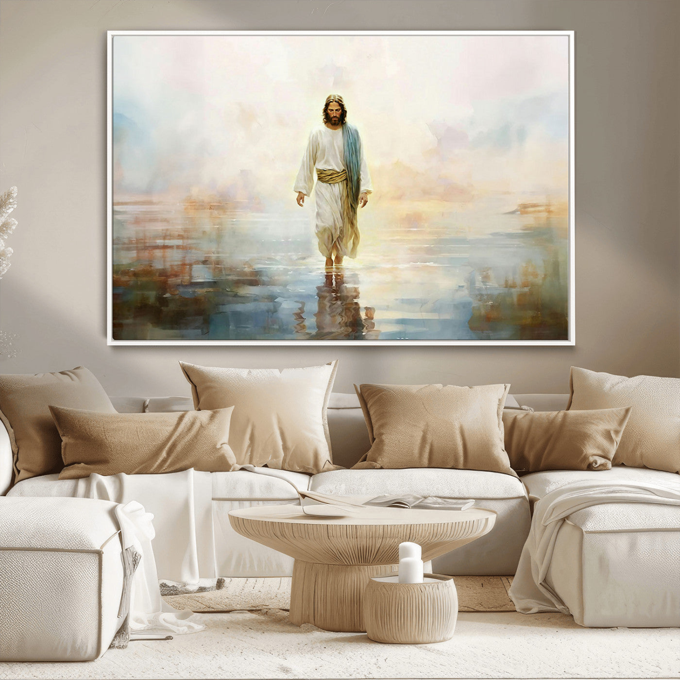 MGV-FC-36X24 - Framed Jesus Walking on Water Wall Art - 3-Panel Christian Canvas Prints, Religious Artwork for