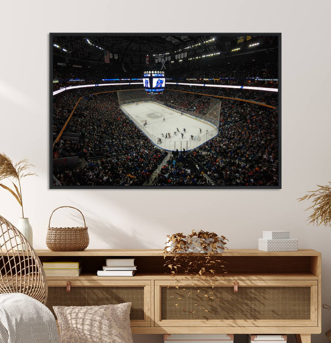 The wall art captures the essence of a Buffalo Sabres game on ice at KeyBank Center, making it deserving of a premium canvas print.