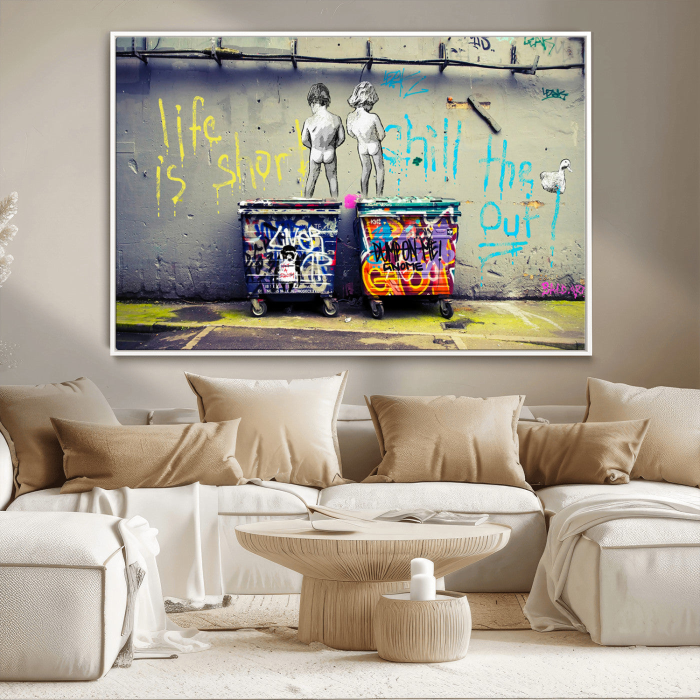 MGV-FC-36X24 - Banksy Life is Short Wall Art - Iconic Graffiti Art on Framed Ready-to-Hang Canvas - Street Art